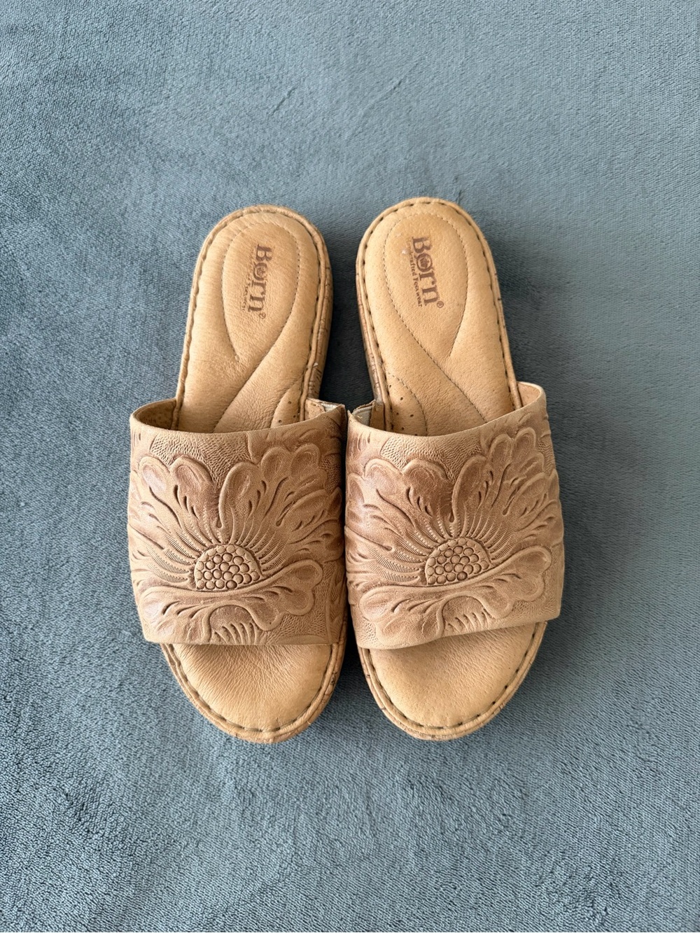 Born Beige Floral-Embossed Leather Slide Mules